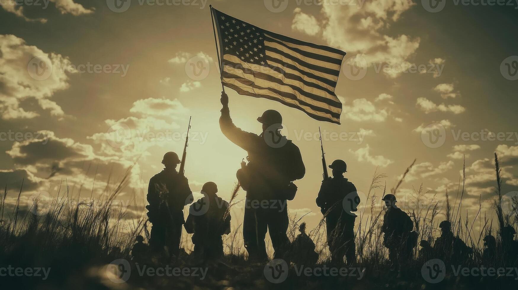 Memorial day Army soldiers hold United states national flag. Military men walking in field at sunset. Patriotic scene with weapon in hand. Concept of pride and courage. photo
