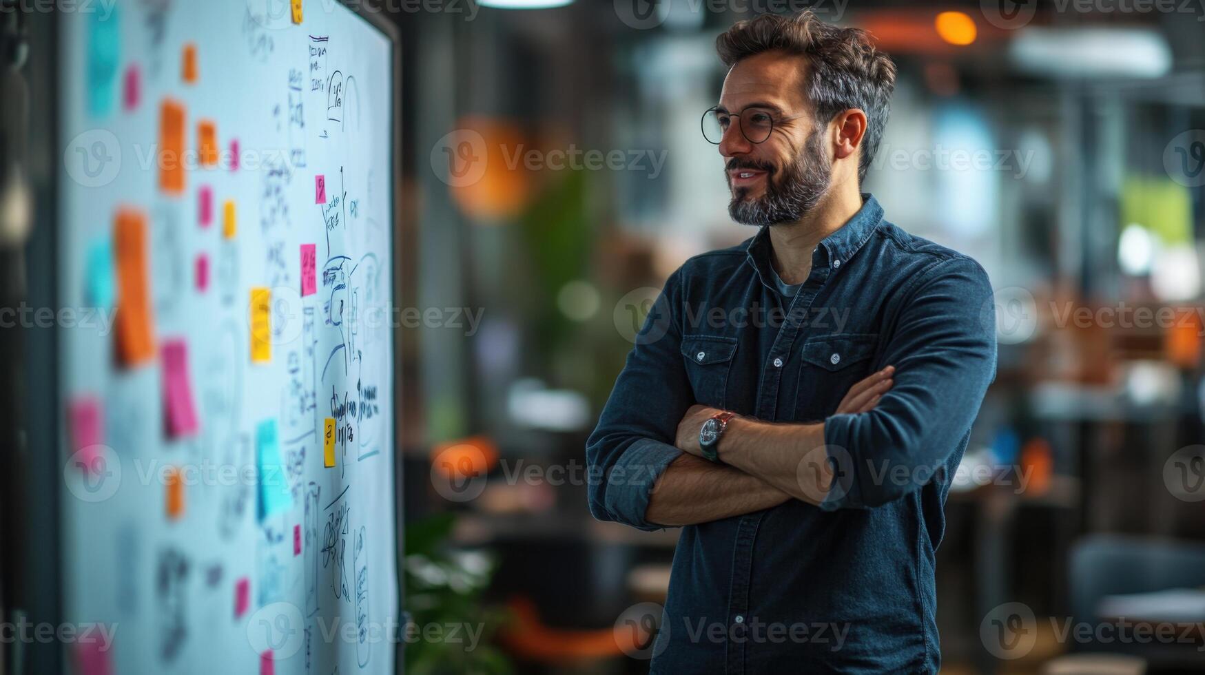 Idea board. Man looking at sticky notes on the wall. Planning and thinking. Office setting. Casual. Modern workspace. Strategy concept. photo