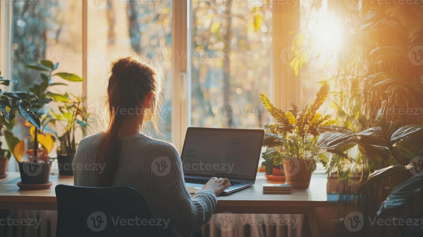 Freelancer Person works at desk with laptop. Indoor plants near window with bright light. Back view of woman typing on computer indoors. photo