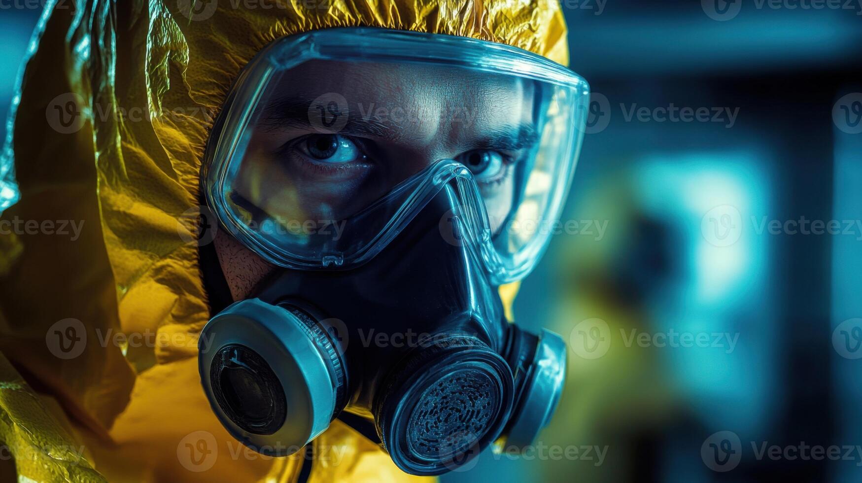 Person in yellow protective suit with mask looks. Science worker in full hazard gear protects from infection. Dangerous job with risk of contamination photo