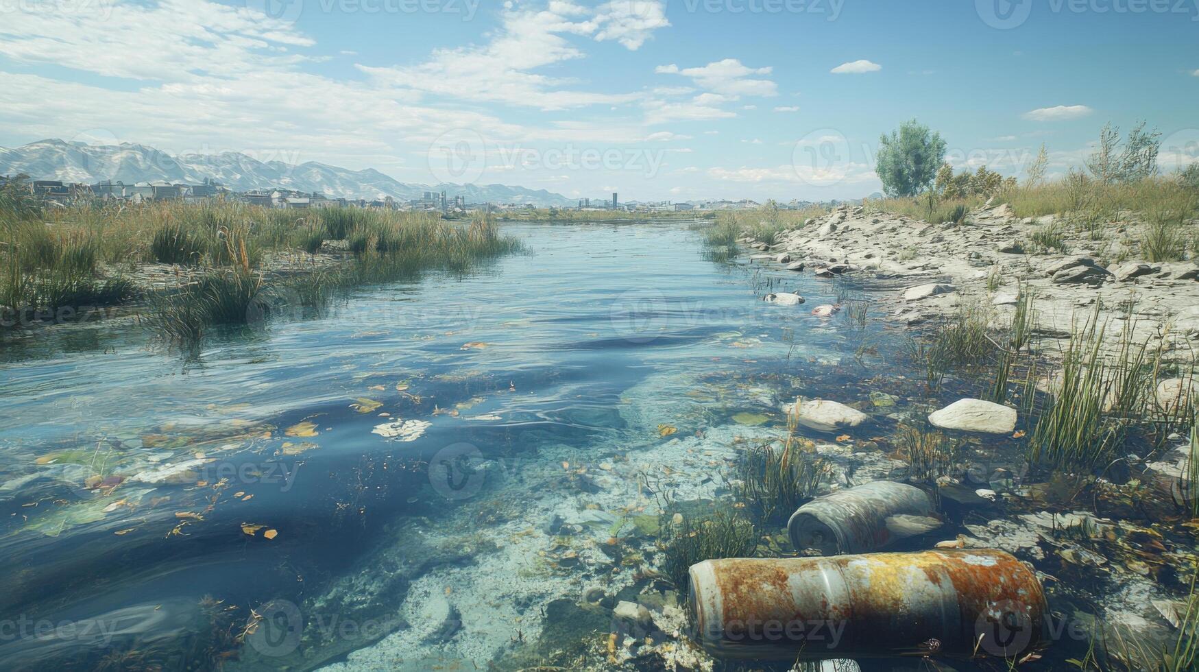 Dirty River Flowing in Nature. Trash near Water. Polluted Clear Stream. River Water Pollution. Rusty Metal on Riverbed. photo