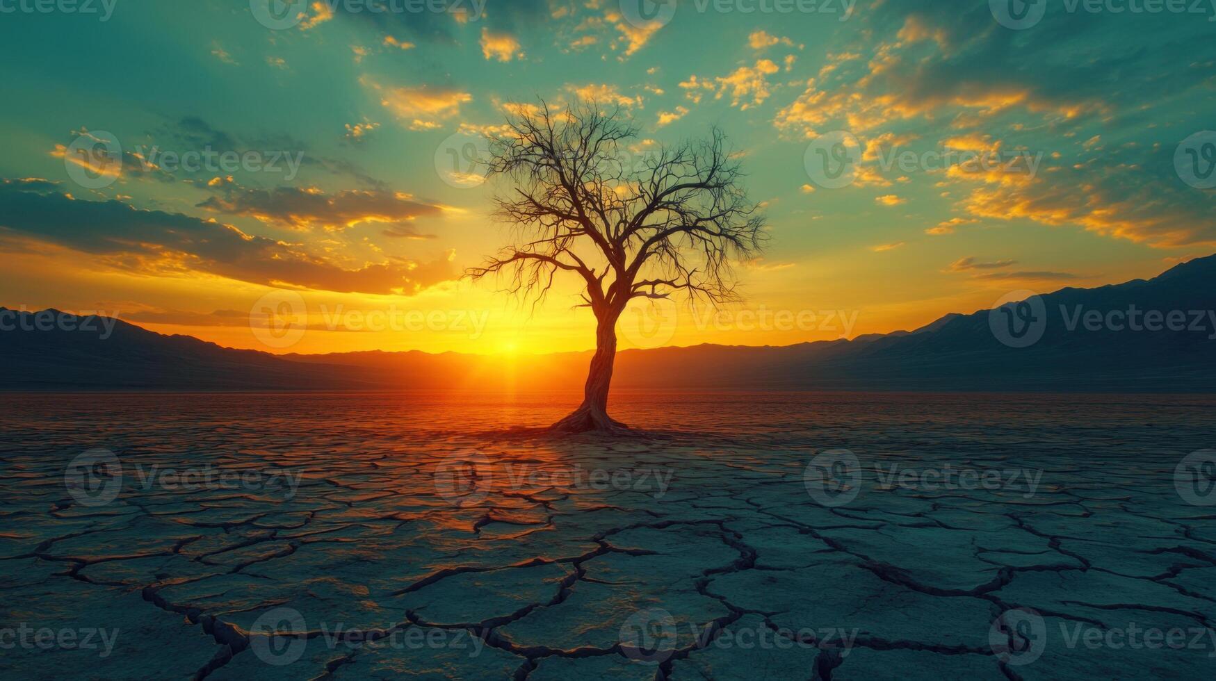 Dry land with a tree during sunset. Sun shines through clouds. Cracked soil texture and mountain background. photo