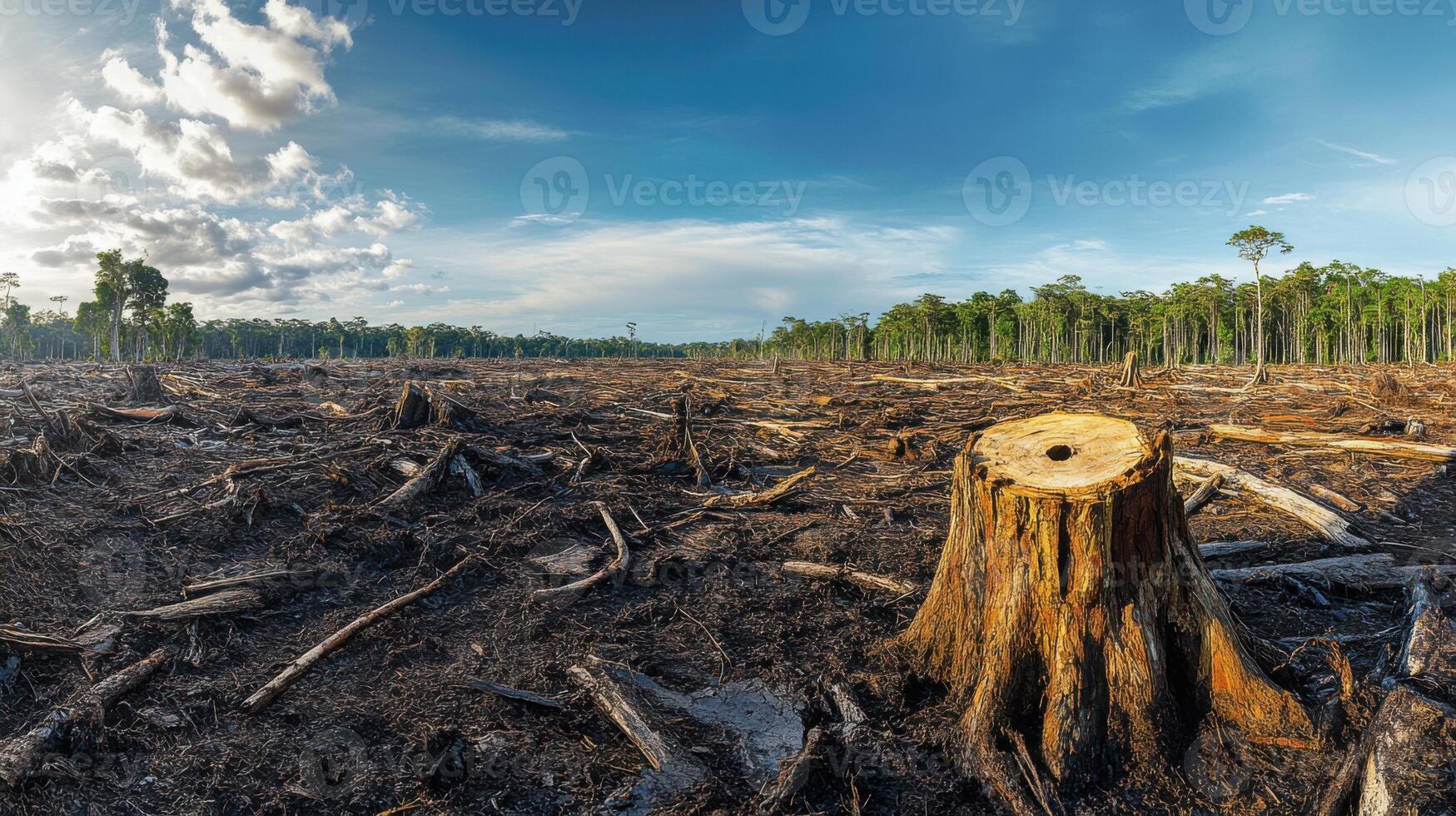 Forest destruction scene. Land after trees removed. Stump in foreground. Other trees remain in back. Blue sky above. Shows deforestation. photo