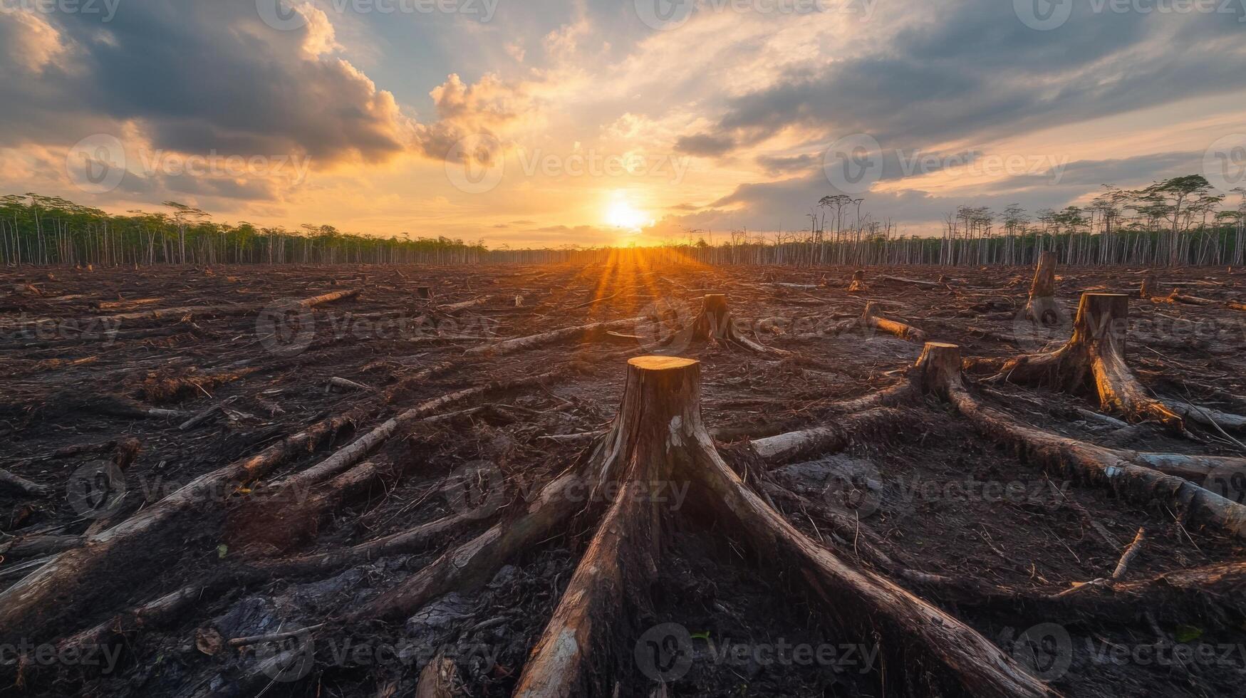 Deforested area. Tree stumps on the ground. Sunset sky with clouds in the background. Landscape showing deforestation and environmental damage. photo