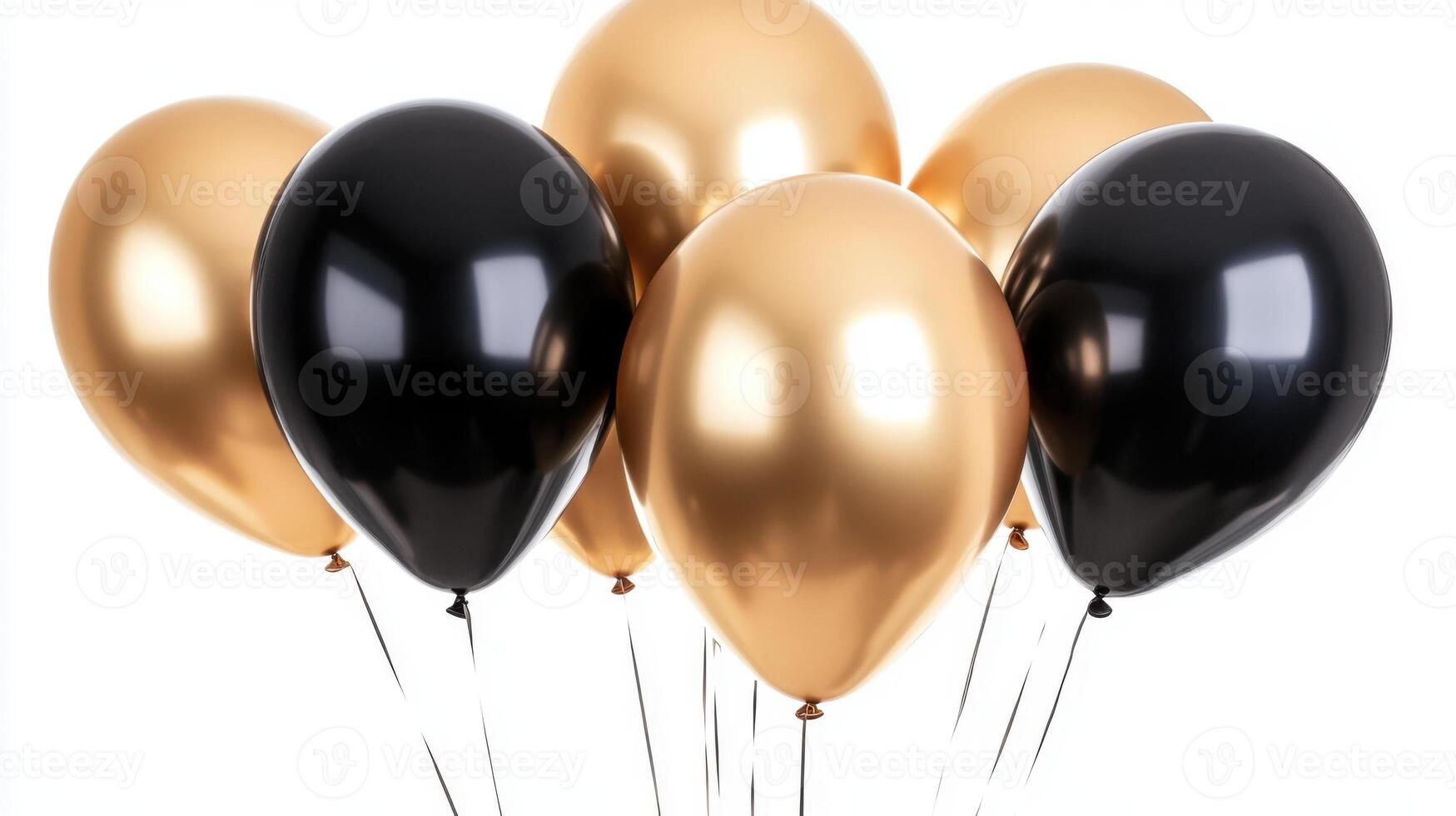Balloons floating. Group of shiny balloons. Gold color and black color. Party decoration. Celebration background. Bunch of balloons with strings. photo