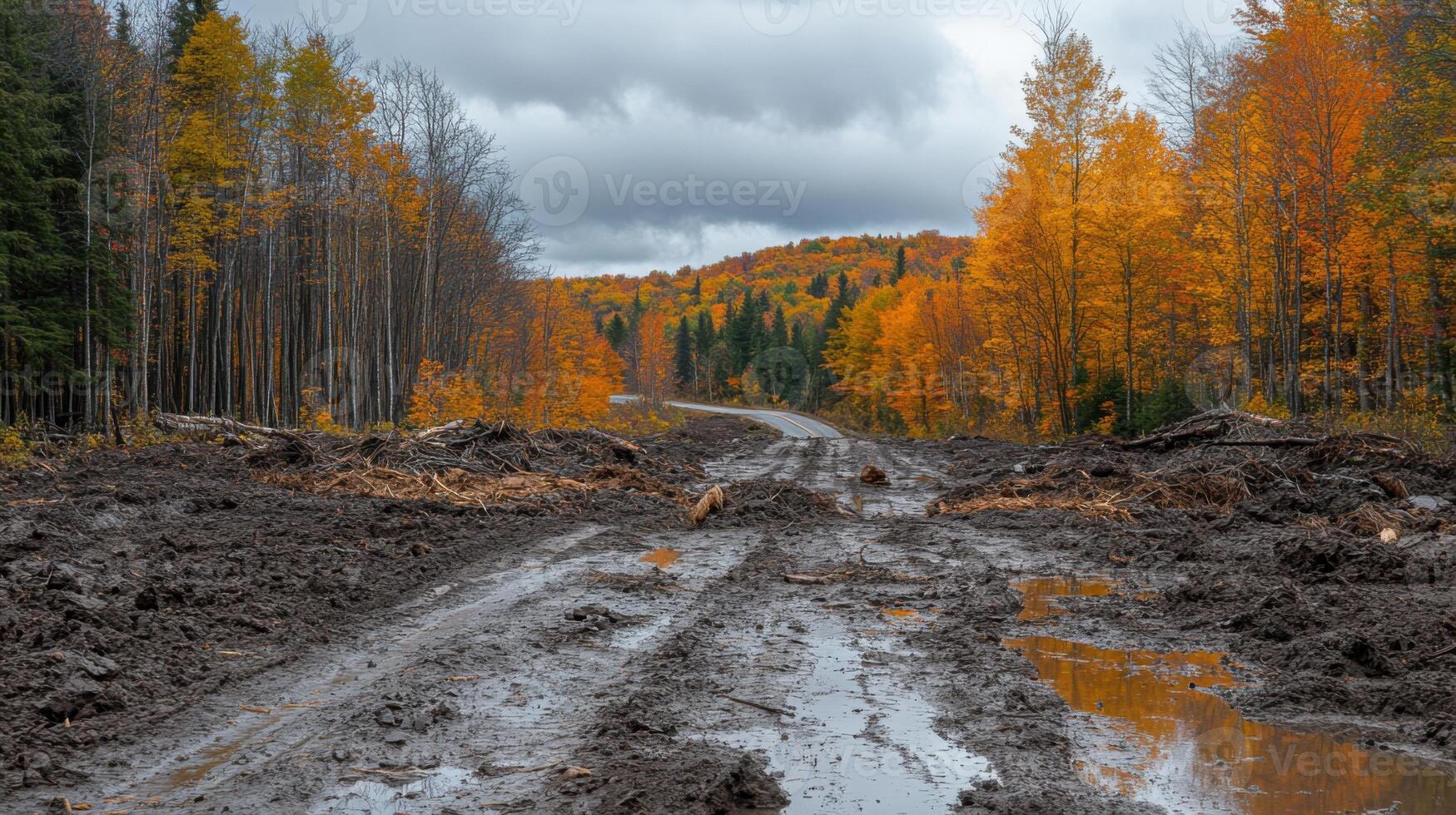 Muddy road in fall forest. Colorful trees line the path, creating a beautiful yet rugged scene under a cloudy sky. Wet ground and fall colors. photo