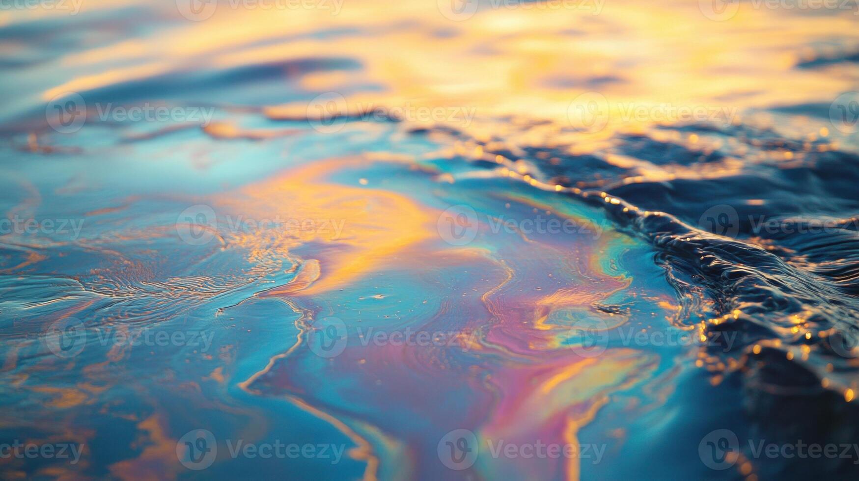 Ocean water shows colors. Colorful liquid on water. Iridescent surface. Abstract reflection. Water shimmers. Sea foam detail. Wave surface. Water texture close up. photo