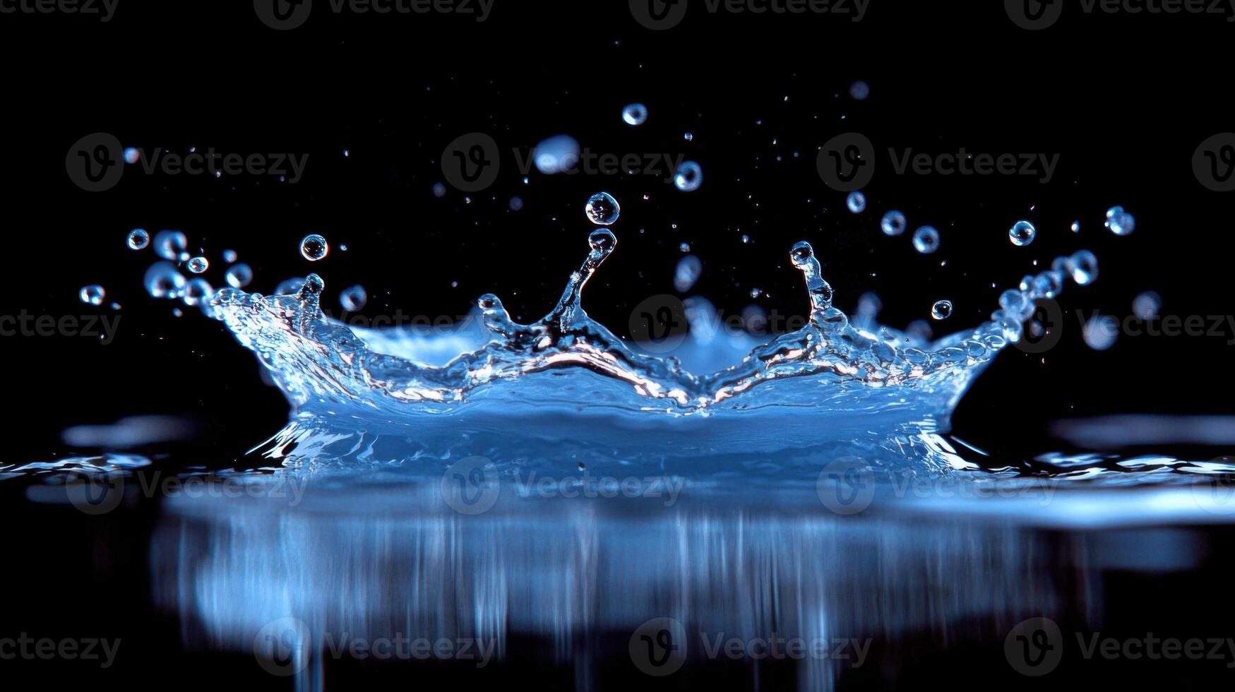 Water splash. Liquid drop. Fresh drink. Clean blue surface. Water crown with reflection on black background. Pure and transparent texture. photo