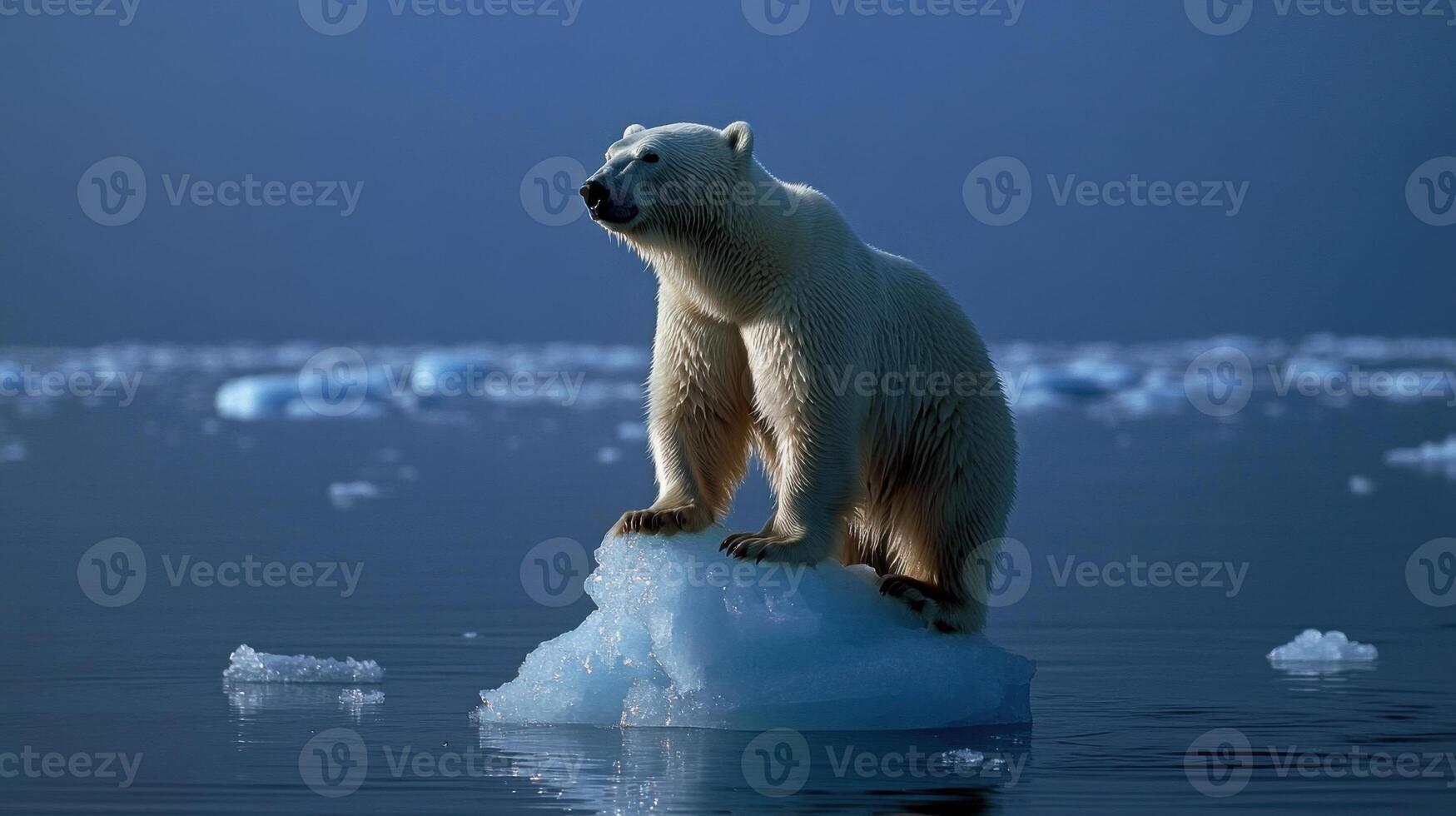 Polar bear sitting on ice. Arctic animal on ice floe. White bear in the cold water. Animal watching the landscape. Iceberg floating. photo