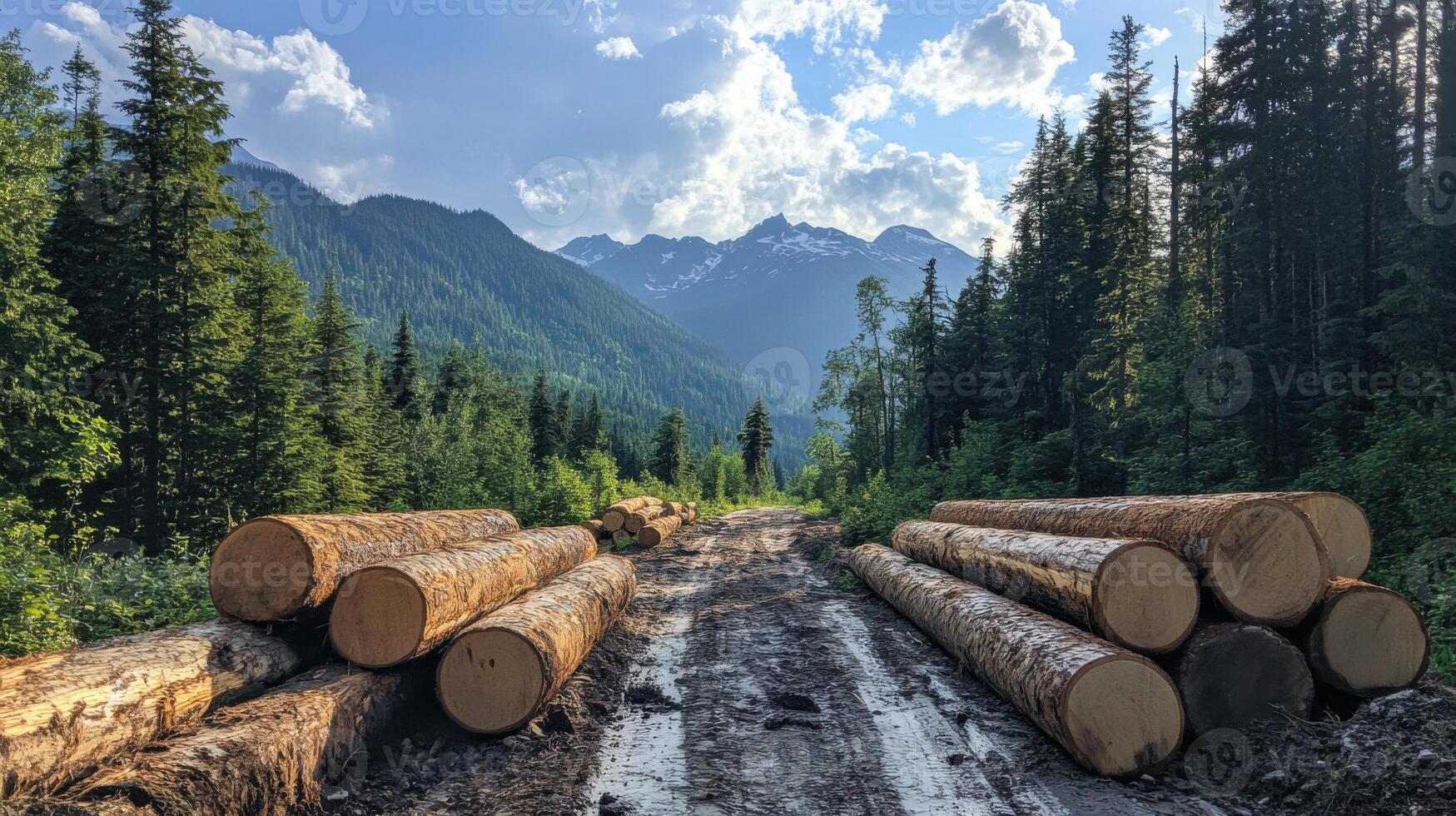 Logs in forest. Wood stacks on ground. Mountains and trees in background. Bright sky in summer. Logging operation. Cut trees on path. photo