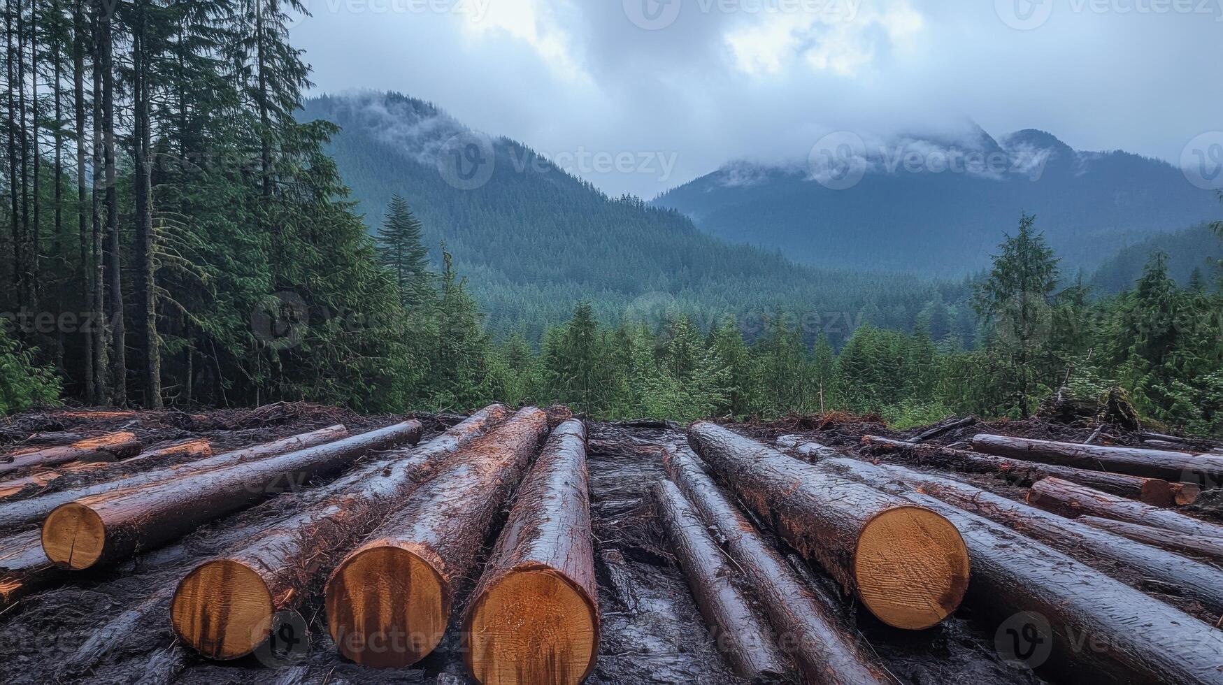 Cut logs sit in forest. Mountains rise behind trees and cloud. Wet timber lies still. photo