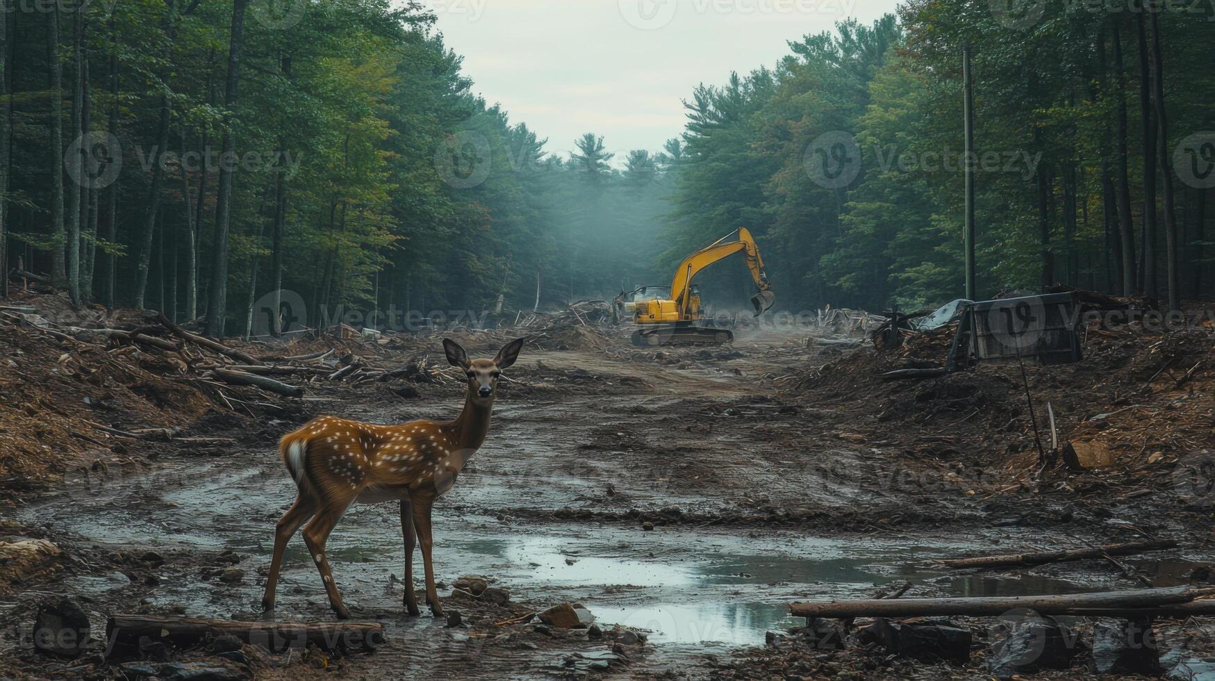 Environmental disaster Deer stands in mud near forest. Yellow machine in background. Trees line the edge of the cut area. Ground is wet. photo
