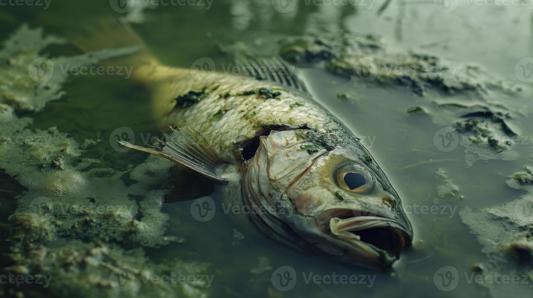 Environmental disaster Dead fish floating in murky water. Animal decay in swamp. Environmental pollution. Danger of poisoning and extinction. Aquatic life ending. Stagnant pond. Dirty habitat. photo
