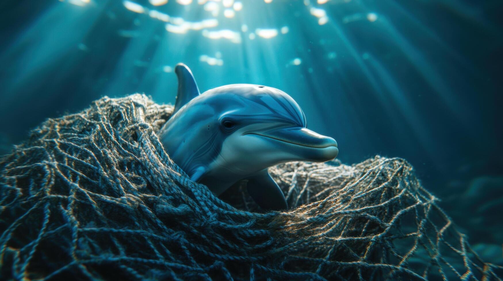 Environmental disaster Dolphin trapped in net under the sea. Underwater scene showing marine life affected by pollution. Animal trying to escape ocean debris. photo