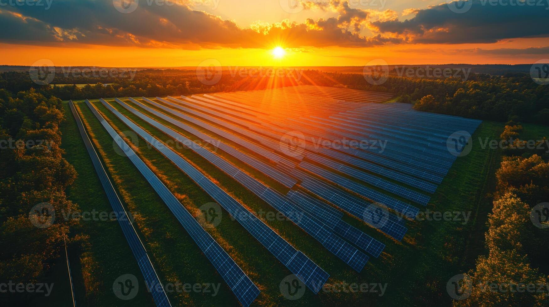 Solar panel farm scene. Rows of panels in field. Aerial view. Green trees surround. Sunset over the field. Clean energy concept. photo