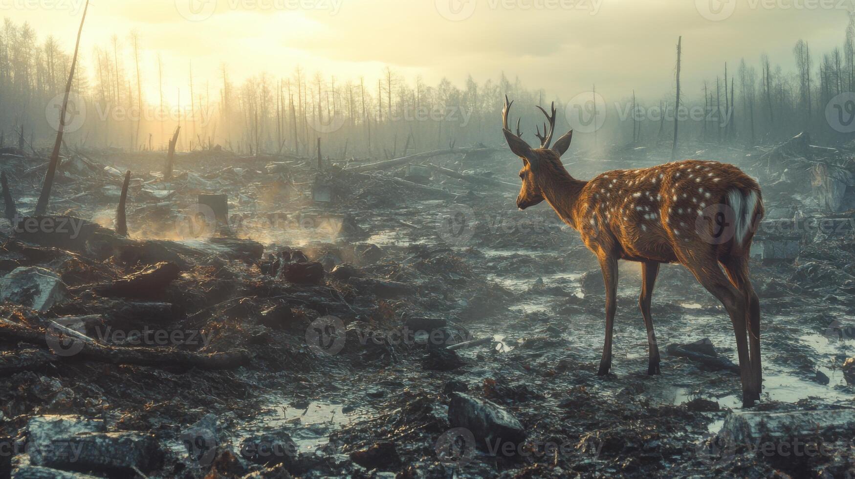 Deer stands alone in barren land. Burned forest at sunrise with smog. Animal and environment, lost habitat, nature survival. photo