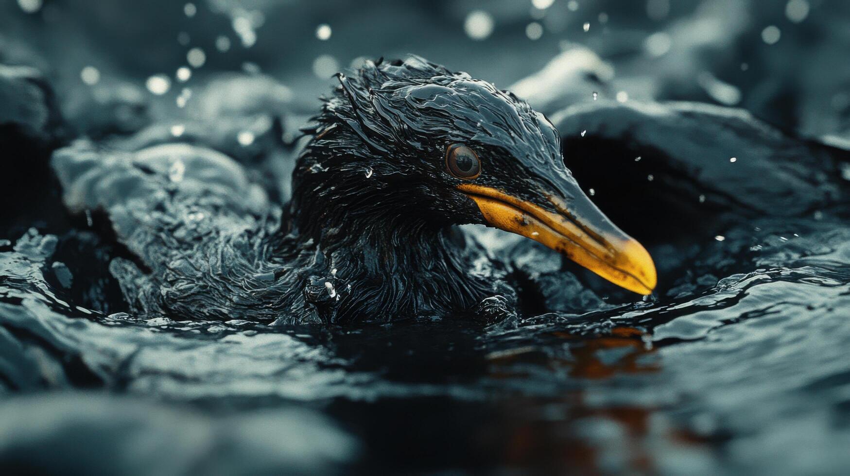 Environmental disaster Dark bird swims in water. Bird is wet. Yellow beak. Ripples surround the bird. Close up shot. photo
