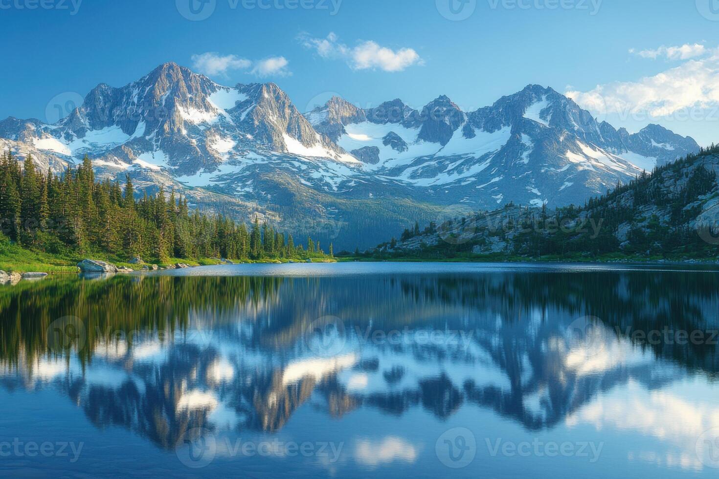 Snow mountains reflect on lake. Trees line the shore. Sky is blue with white clouds. Scenic view of a mountain landscape. Calm water. photo