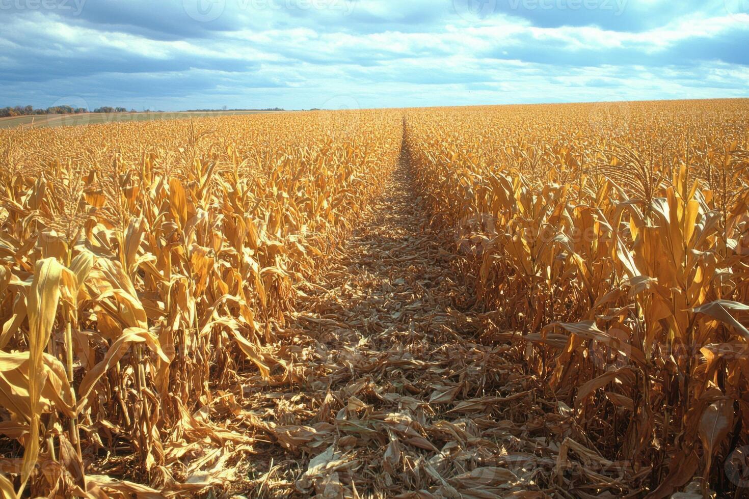 Dry yellow corn field with path under sky. Autumn farm crop. Agriculture season harvest. Rural land view. photo