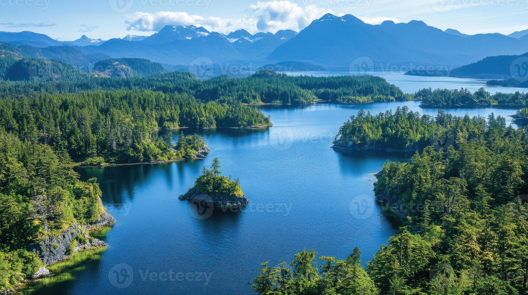 Lake surrounded by green forest and mountains. Scenic aerial view of island nature landscape and blue water. Tranquil summer background. photo