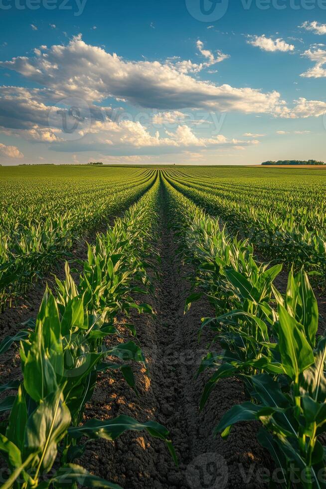 Corn field view. Rows of green plants stretch toward horizon. Blue sky with fluffy clouds overhead. Sunny day on farm land. photo