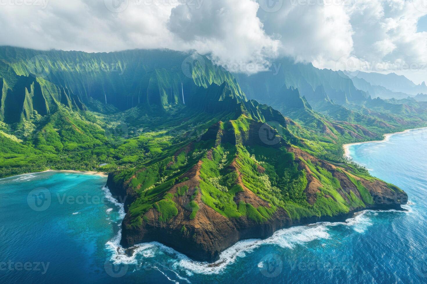 Island mountains meet blue ocean. Clouds rest above the green peaks. Waterfalls cascade down the mountain. Lush coast vista from above. photo