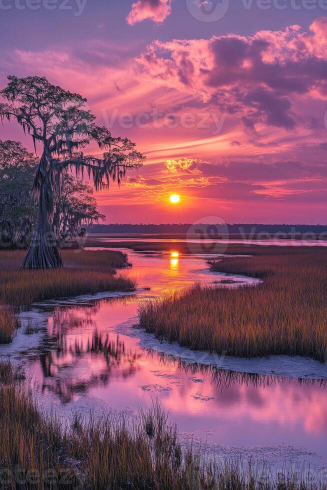 Marsh landscape at sunset. Water flows near reeds. Trees stand. Pink and purple sky brightens. Sunset reflects in stream. photo