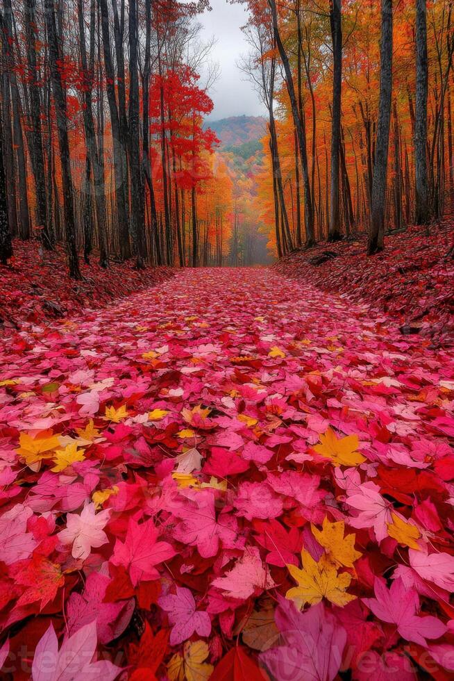 Forest path with many bright leaves. Trees line the way with autumn colors. Red and gold foliage cover ground of trail. photo