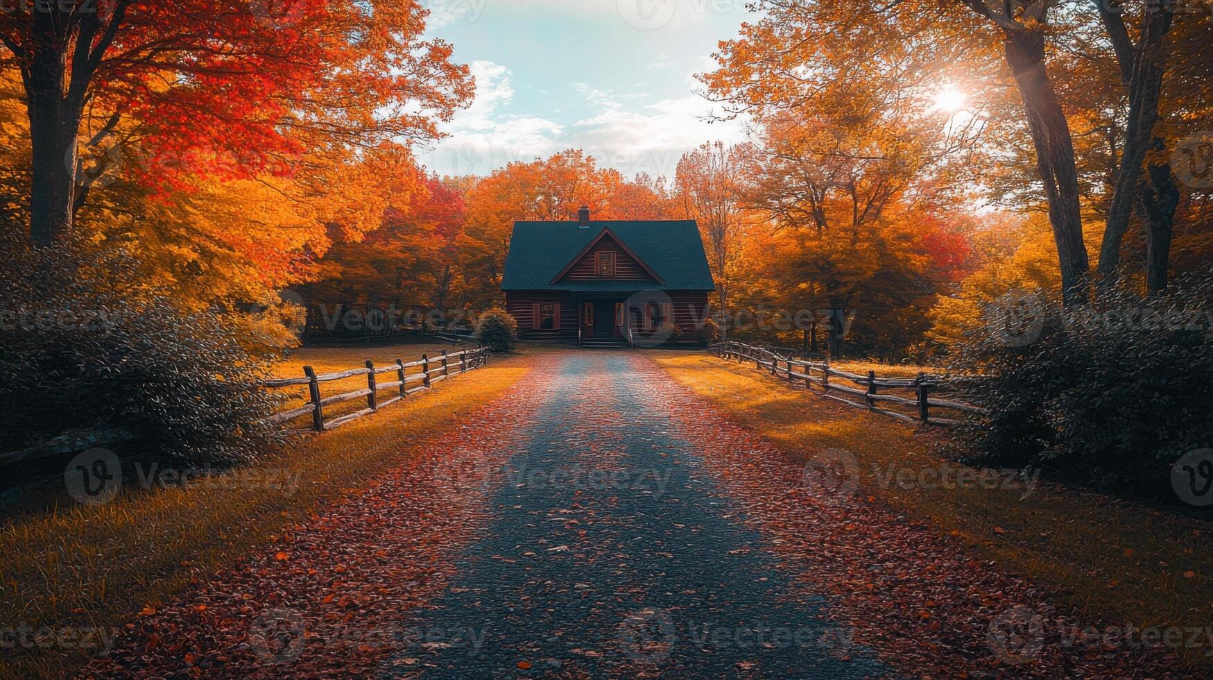 Autumn landscape. Road to cabin. Trees in fall colors. Sun shining. Fence on sides. Leaves scattered. House in distance. Country scene. photo