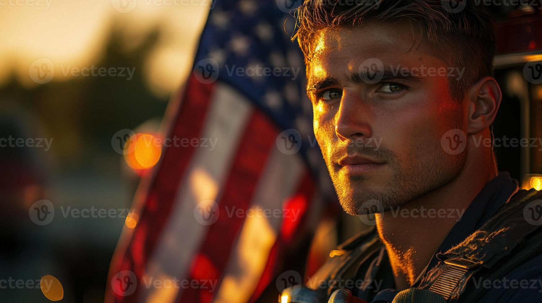 Firefighter looks ahead. American flag background. Light shines on face. Brave worker looks at the distance. Fire truck equipment. Stars and Stripes. photo