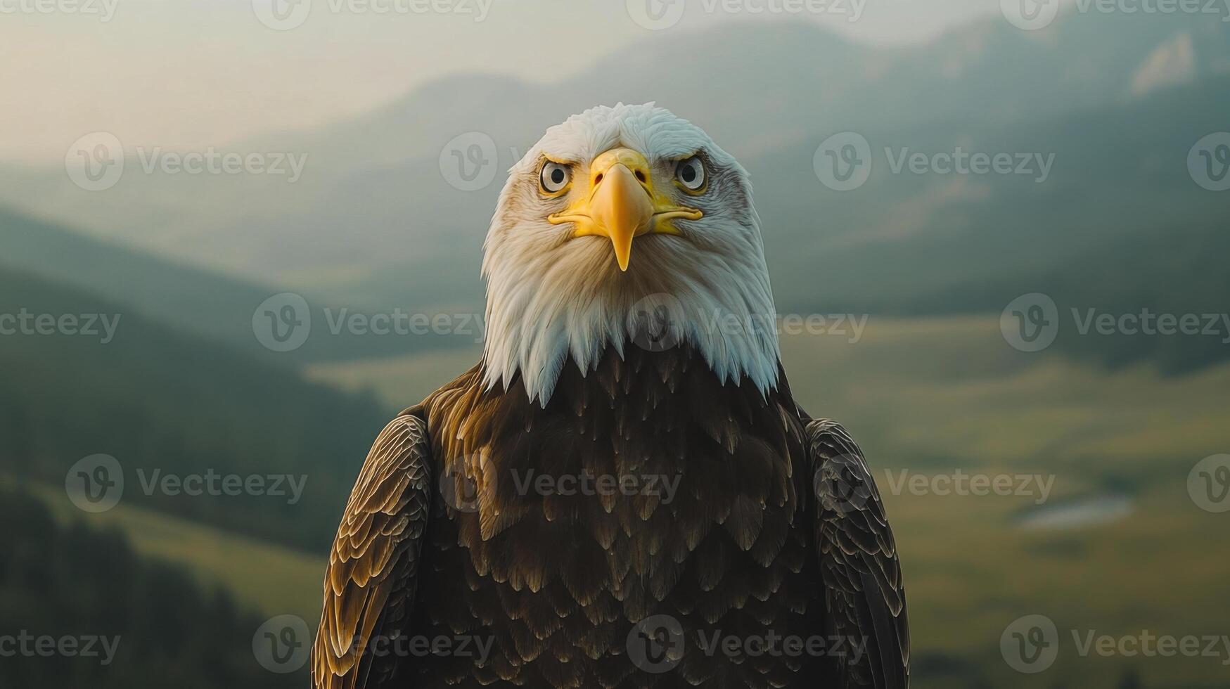 Eagle portrait. American bald eagle looking ahead. Bird of prey with a mountain background. Animal wildlife scene. photo