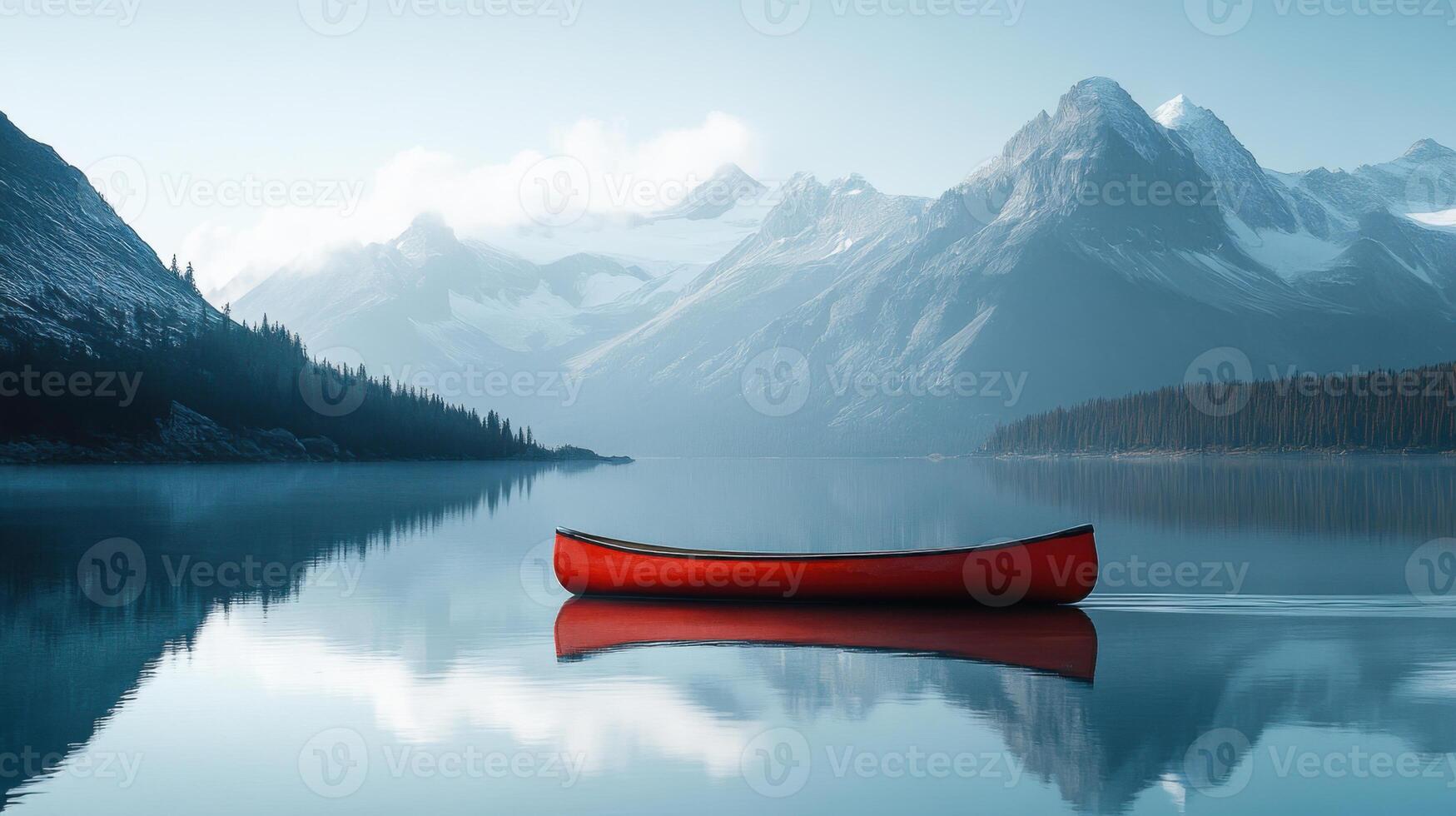 Red boat on calm lake. Mountains and trees in background. Scenic landscape. Water reflects sky. Peaceful nature. Still water. Blue colors. photo