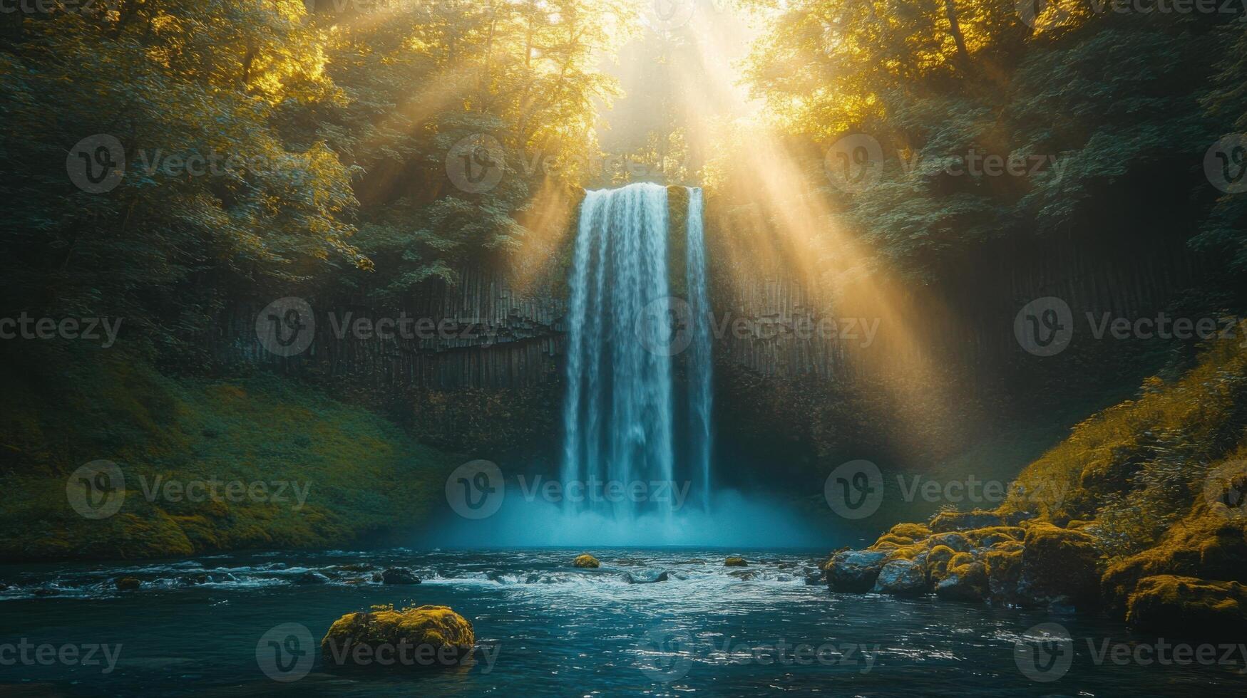 Waterfall flows in forest. Sunlight shines through trees. River water flows. Rocks sit in water. Green plants cover ground. photo