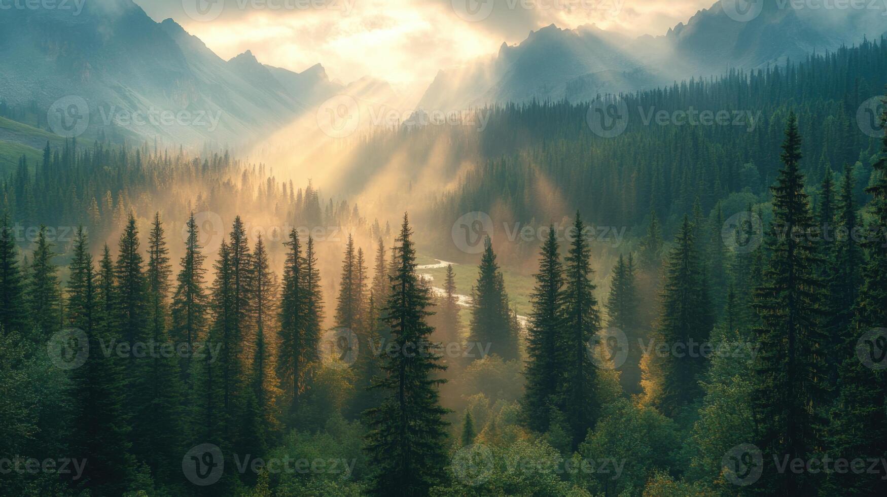 Forest in valley. Sun shines on trees. Mountains in back. River flows. Fog rises from forest floor. Light rays in the sky. Woodland scene. photo