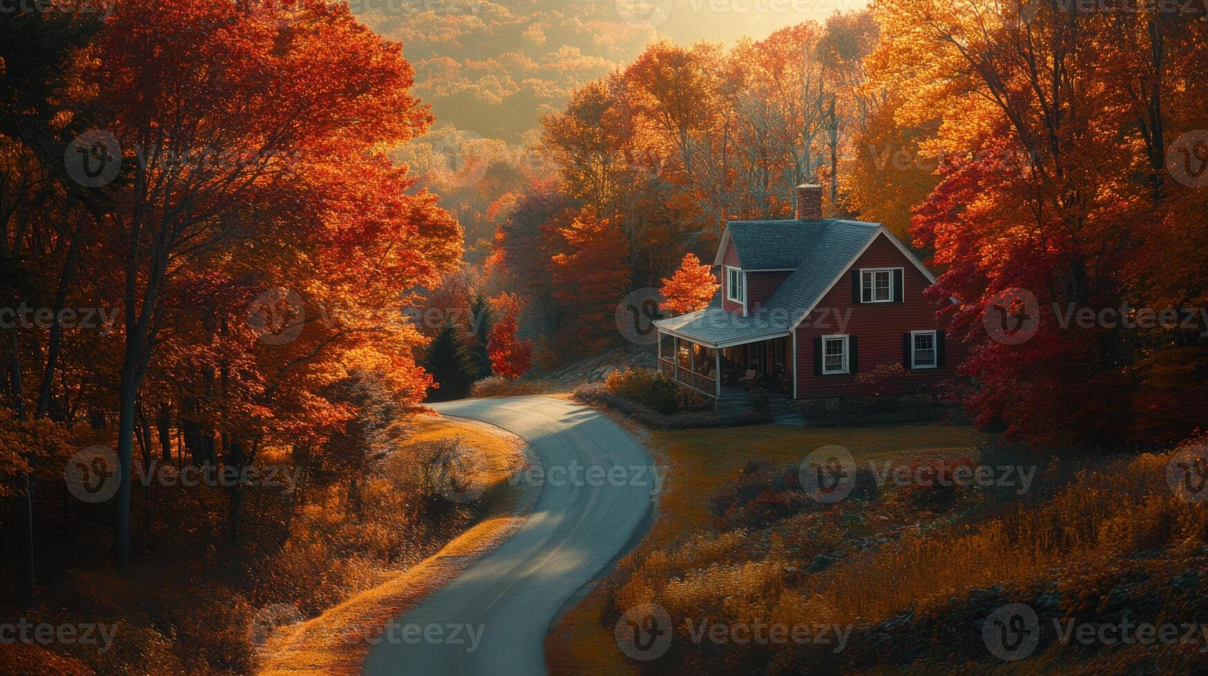 Autumn house scenic road. Country home surrounded by bright trees. Fall season landscape with leaves and winding path. Peaceful nature scene. photo