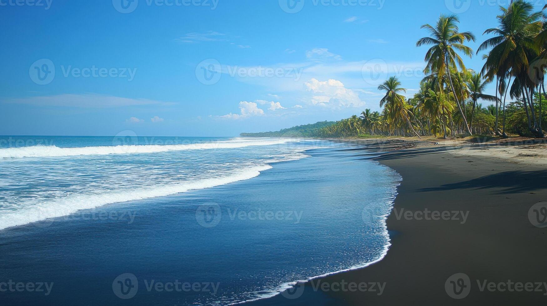 Tropical beach with dark sand. Palm trees grow near water. Waves are moving on shore. Clear blue sky over ocean in sunlight. photo