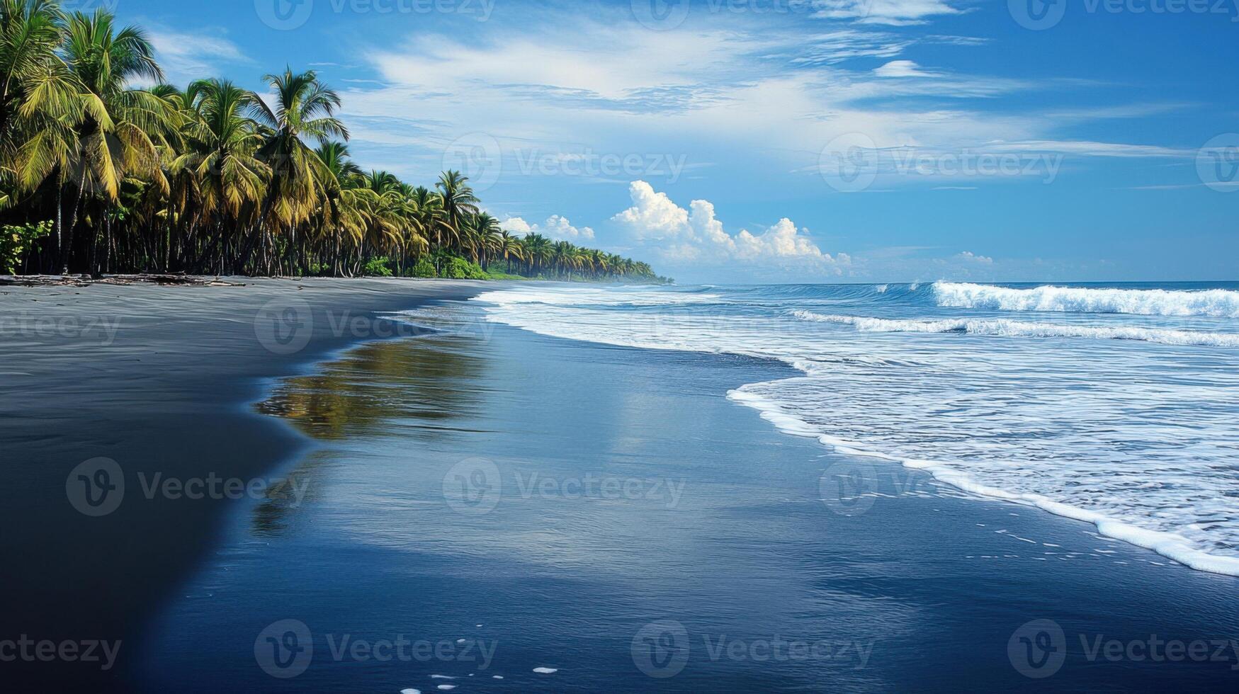 Black sand beach landscape. Waves rolling in, palm trees along shore. Tropical blue ocean, sunny sky. Serene coastal scenery. photo