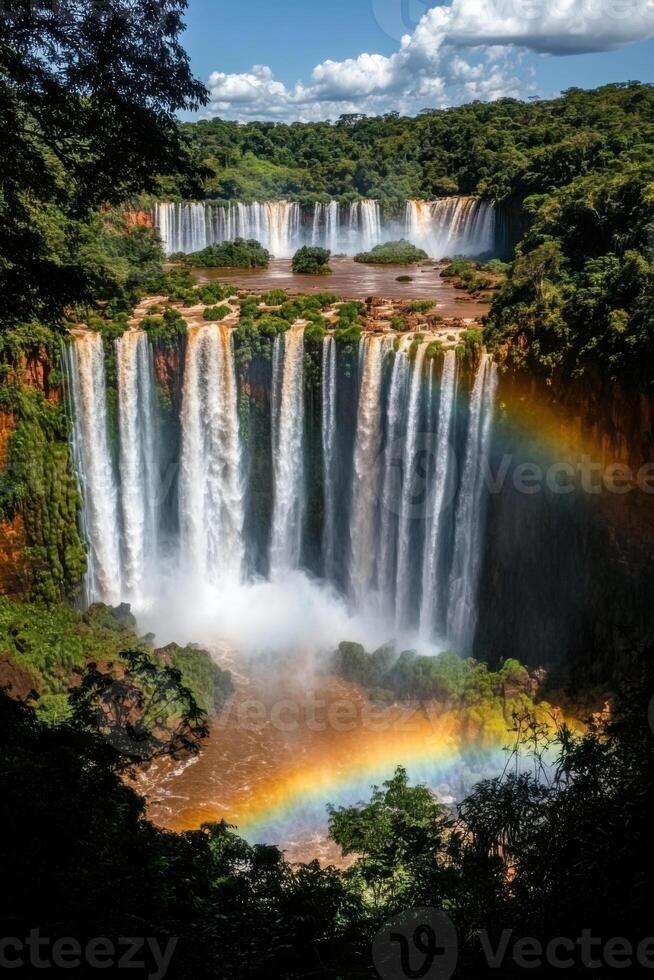 Waterfall cascade view. Falling water with rainbow. Green plants and trees around. Nature landscape scene. Beautiful sky in the background. Scenic travel destination. photo