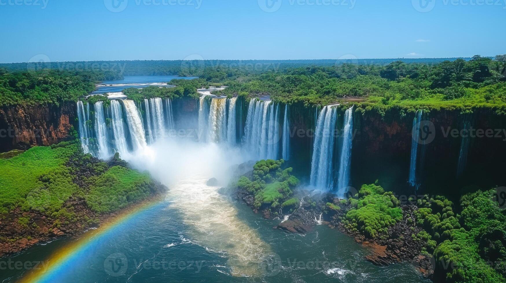 Waterfall view. Water flows into a river. Trees line the cliff tops. Bright blue sky and water. Rainbow on the left side. photo