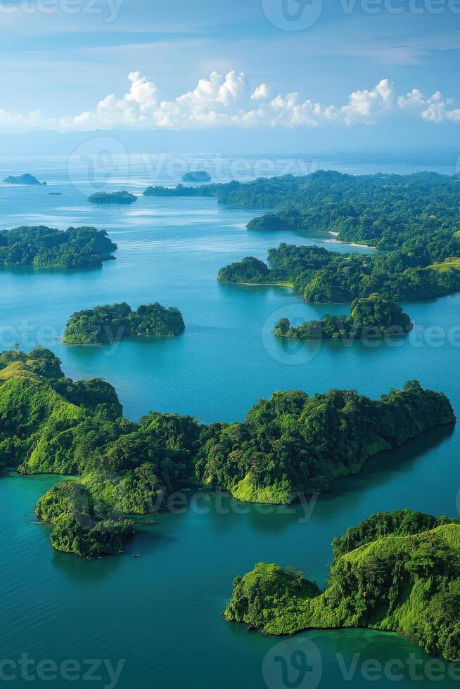 Green islands rest on blue water. Sky has clouds. Tropical nature. Landscape shows paradise. Many islands show beauty. View from high shows the area. photo