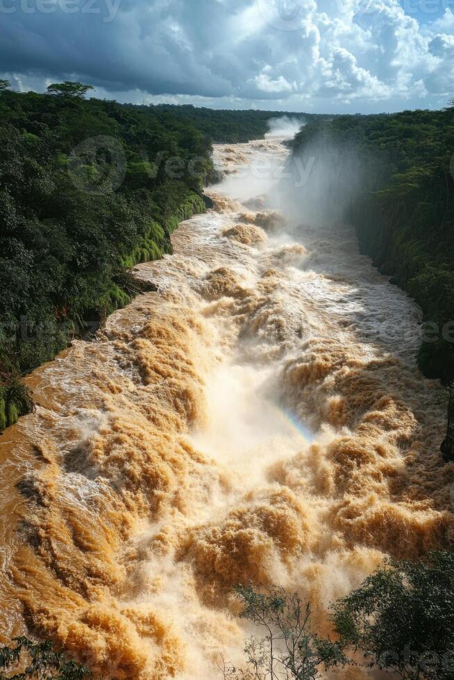 River flowing fast. Brown water rushes down from top. Green trees line the river banks. Cloudy sky and a small rainbow visible. photo