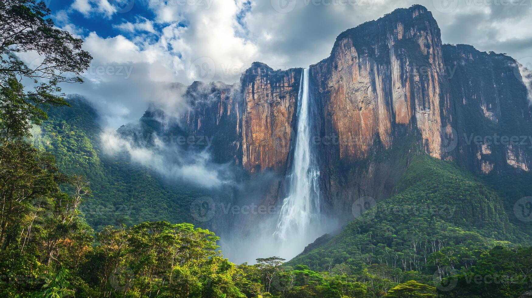 Tall waterfall flows over rocky cliffs. Green trees and blue sky cover a mountain. Mist rises into clouds near rock wall. photo