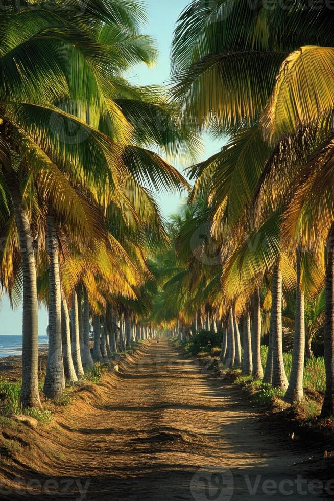 Palm Trees Line Dirt Path. Trees are Tall. Beach is in View. Sunlight Shines on Leaves. Nature Scene. Tropical Area. Vacation Spot. photo