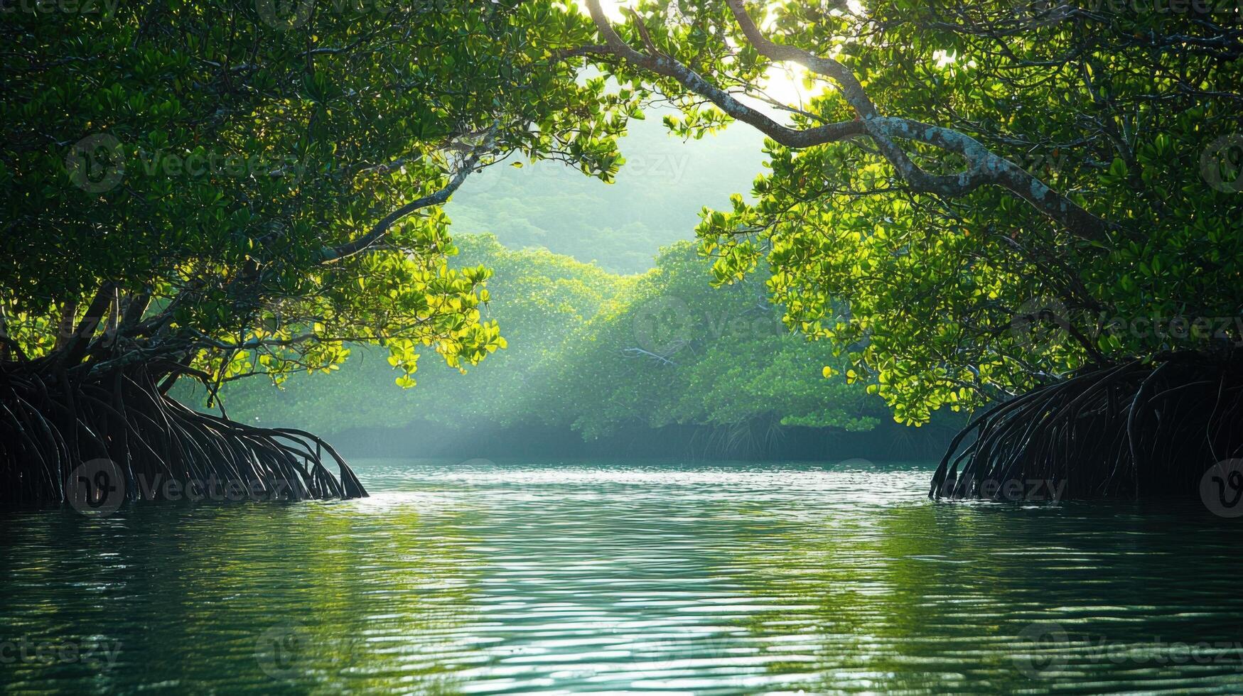 Green trees by water. Lush mangrove nature scene. Calm river reflects bright sunlight. Forest view over river. Peaceful nature scenery. photo