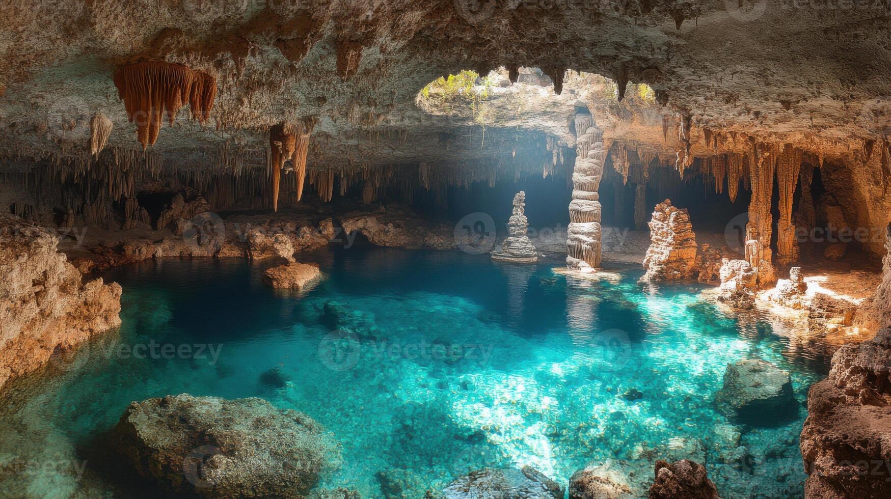Cave scene with stalactites. Clear turquoise water reflects the cave ceiling. Rocks and formations are visible within the water in the cave. photo