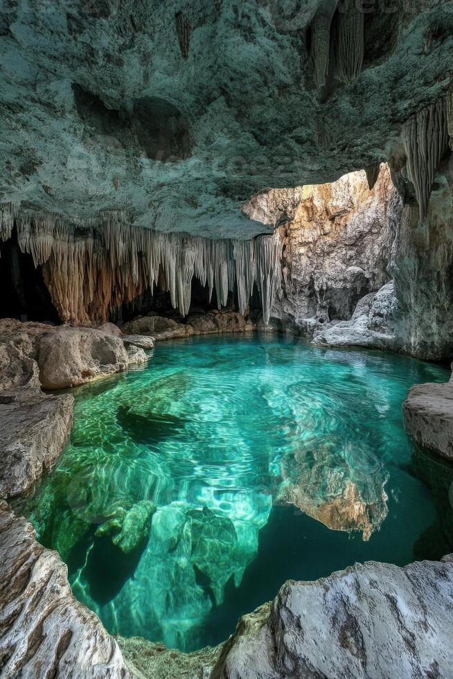 Cave with clear water pool. Rock formations inside a cave. Underground grotto with turquoise water. Stalactites and rock roof. Water reflecting light. photo