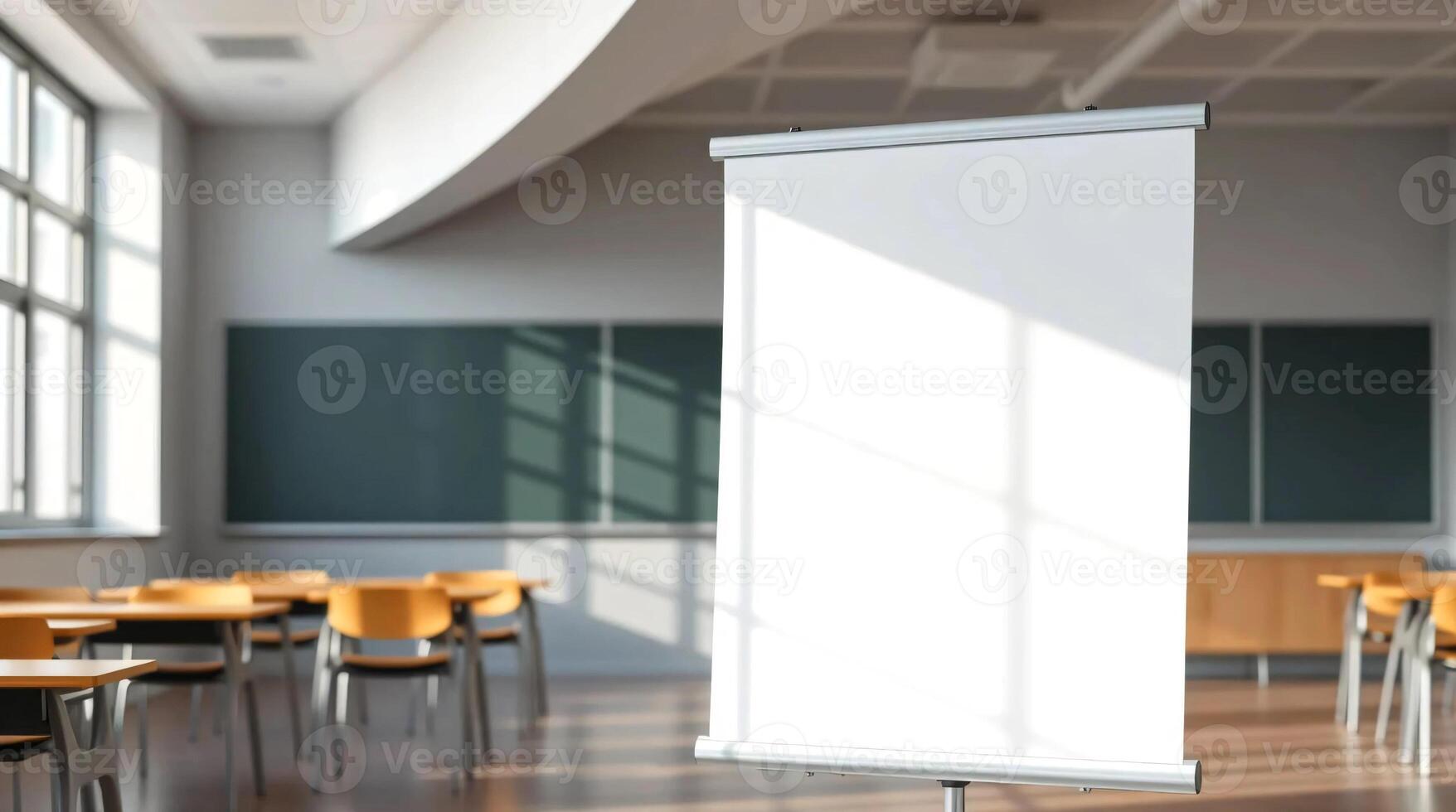 A white blank screen in front of a classroom photo