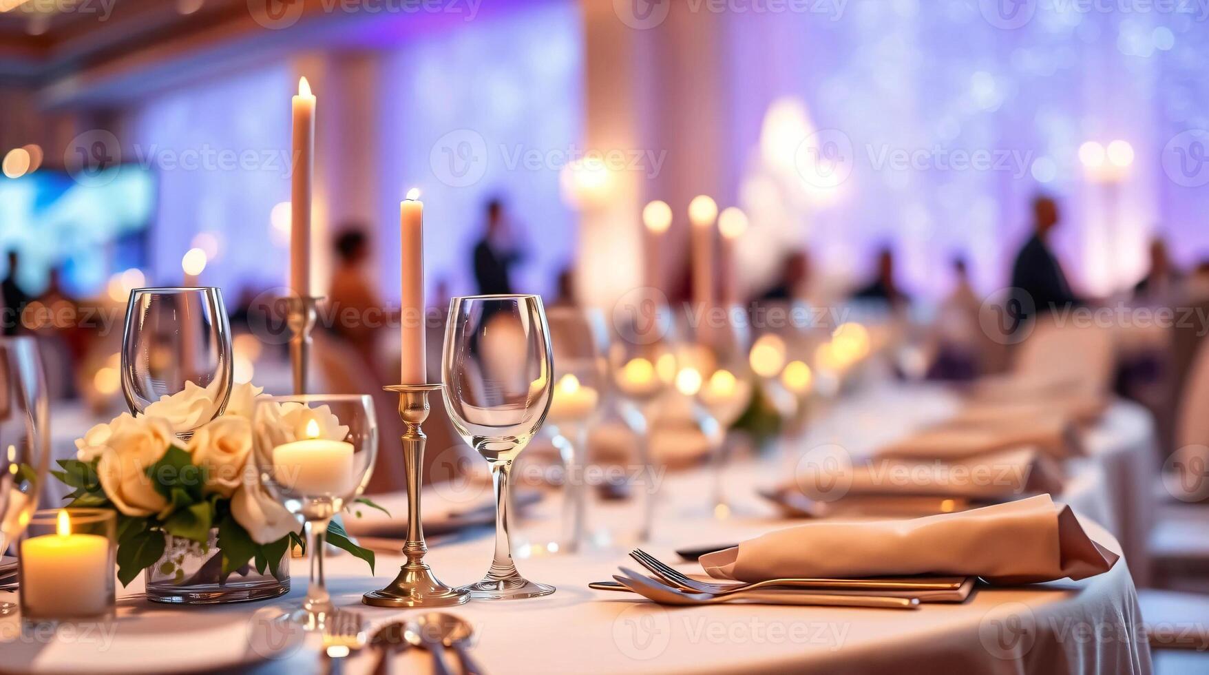 A table with white table cloth and place settings photo
