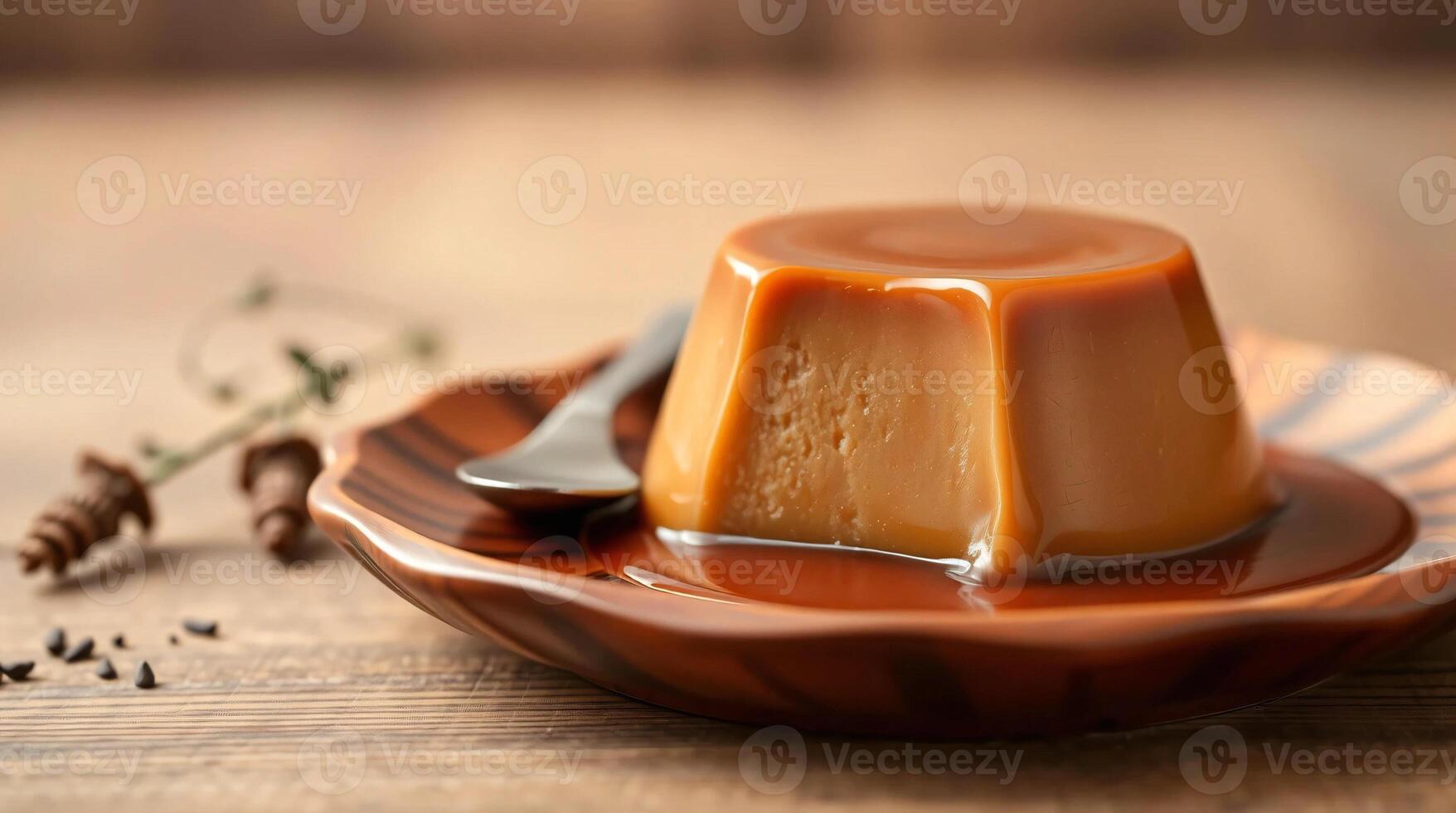 A caramel pudding on a plate with a spoon photo