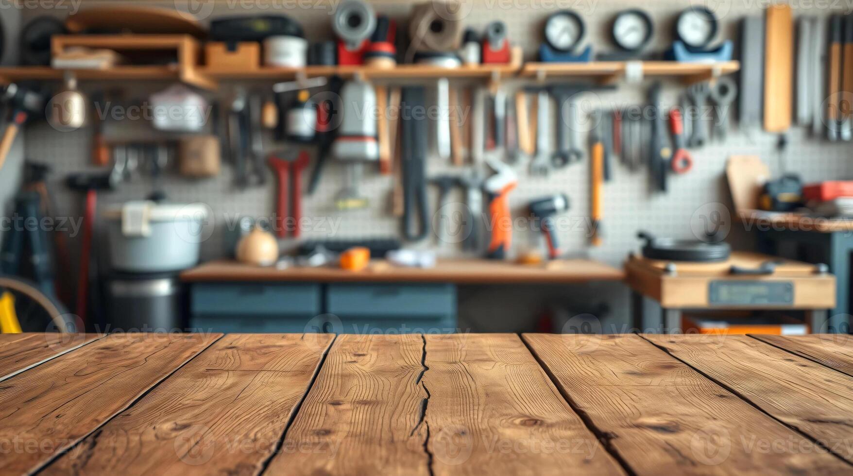 Wooden table in garage with tools and shelves photo
